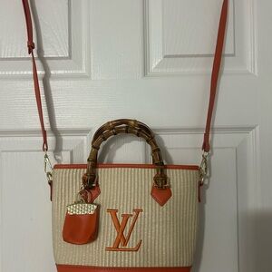 Straw Tote with Orange Trim and Bamboo Handles